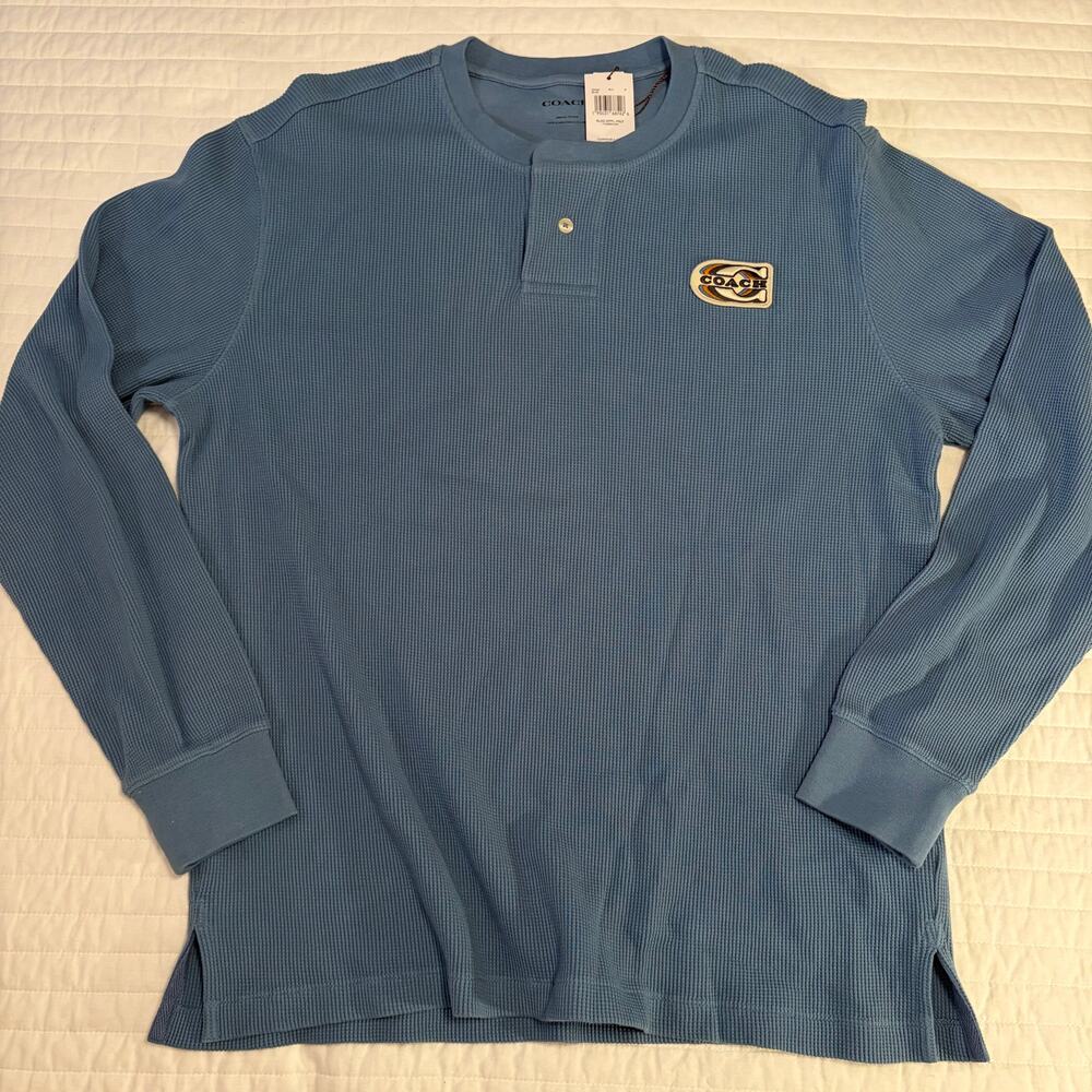 Coach Blue Waffle Knit Thermal Coach Logo Henley Mens Medium NWT